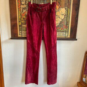 Vintage Y2K DKNY Burgundy Red Suede Leather Belted Bootcut Pants 8